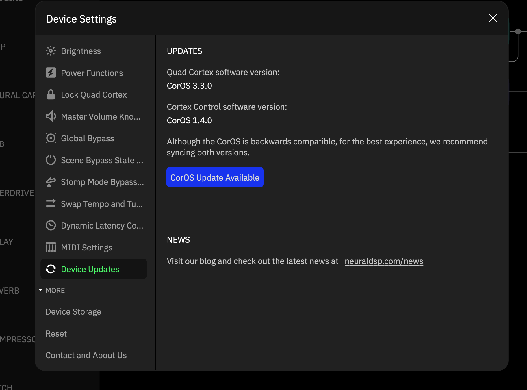 CorOS 4.0.0 のアップデート通知画面（Quad Cortex／大倉ギター教室）