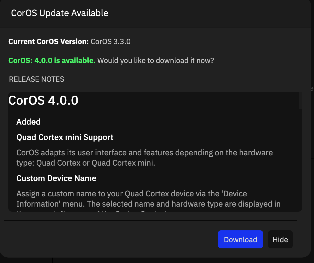 CorOS 4.0.0 のリリースノート。Quad Cortex mini 対応とカスタムデバイス名が追加（大倉ギター教室）