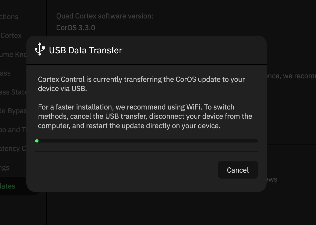 CorOS アップデートの USB 転送画面。Wi-Fi での実行が推奨される（大倉ギター教室）