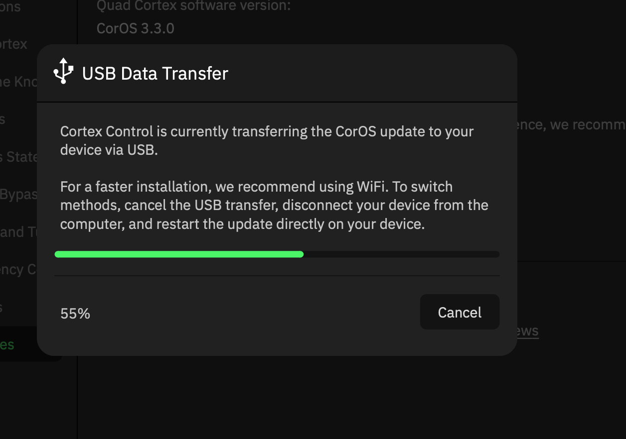 CorOS アップデートの転送が 55% まで進んだ画面（Quad Cortex／大倉ギター教室）