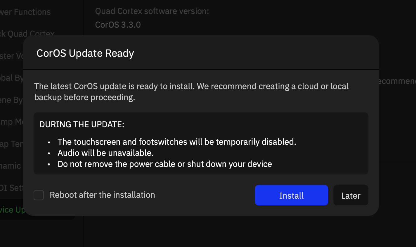 CorOS 4.0.0 のインストール準備完了画面。バックアップ推奨の案内（大倉ギター教室）