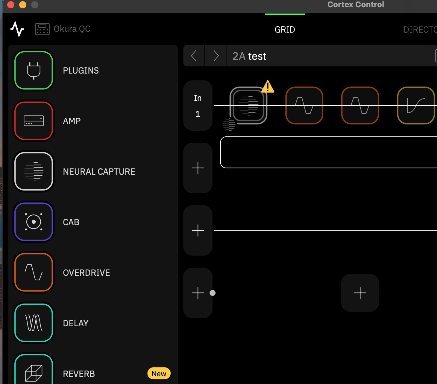 Cortex Control の左上に「Okura QC」と命名表示。サイドバーの REVERB には New バッジ（大倉ギター教室）