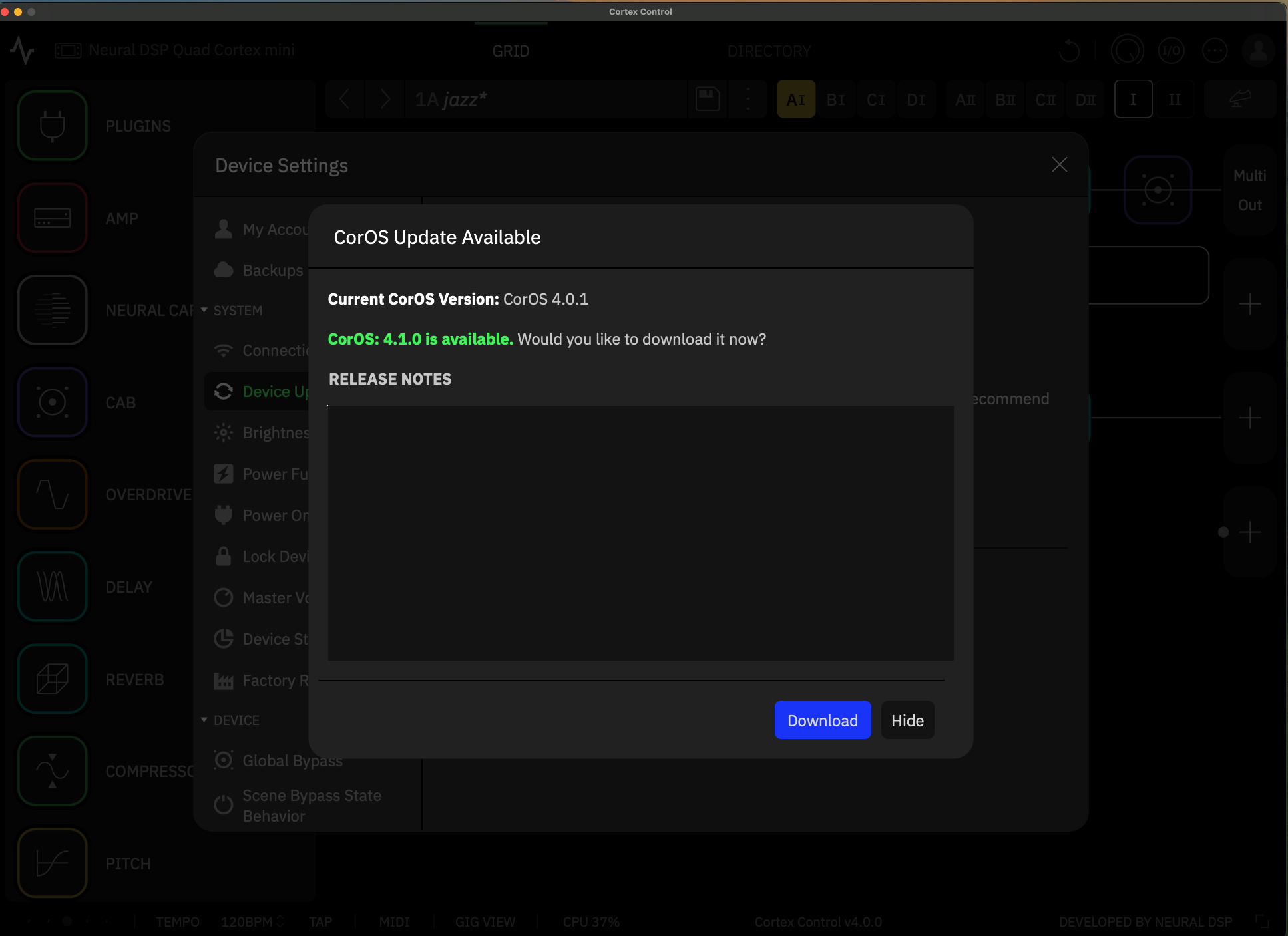 CorOS 4.1.0のアップデート通知画面（Quad Cortex Mini／大倉ギター教室）