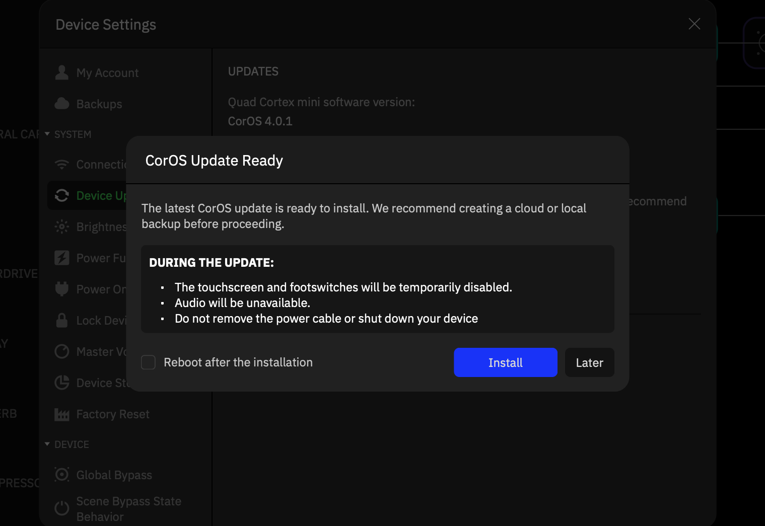 CorOS 4.1.0インストール前の注意画面。操作無効とバックアップ推奨の案内（大倉ギター教室）