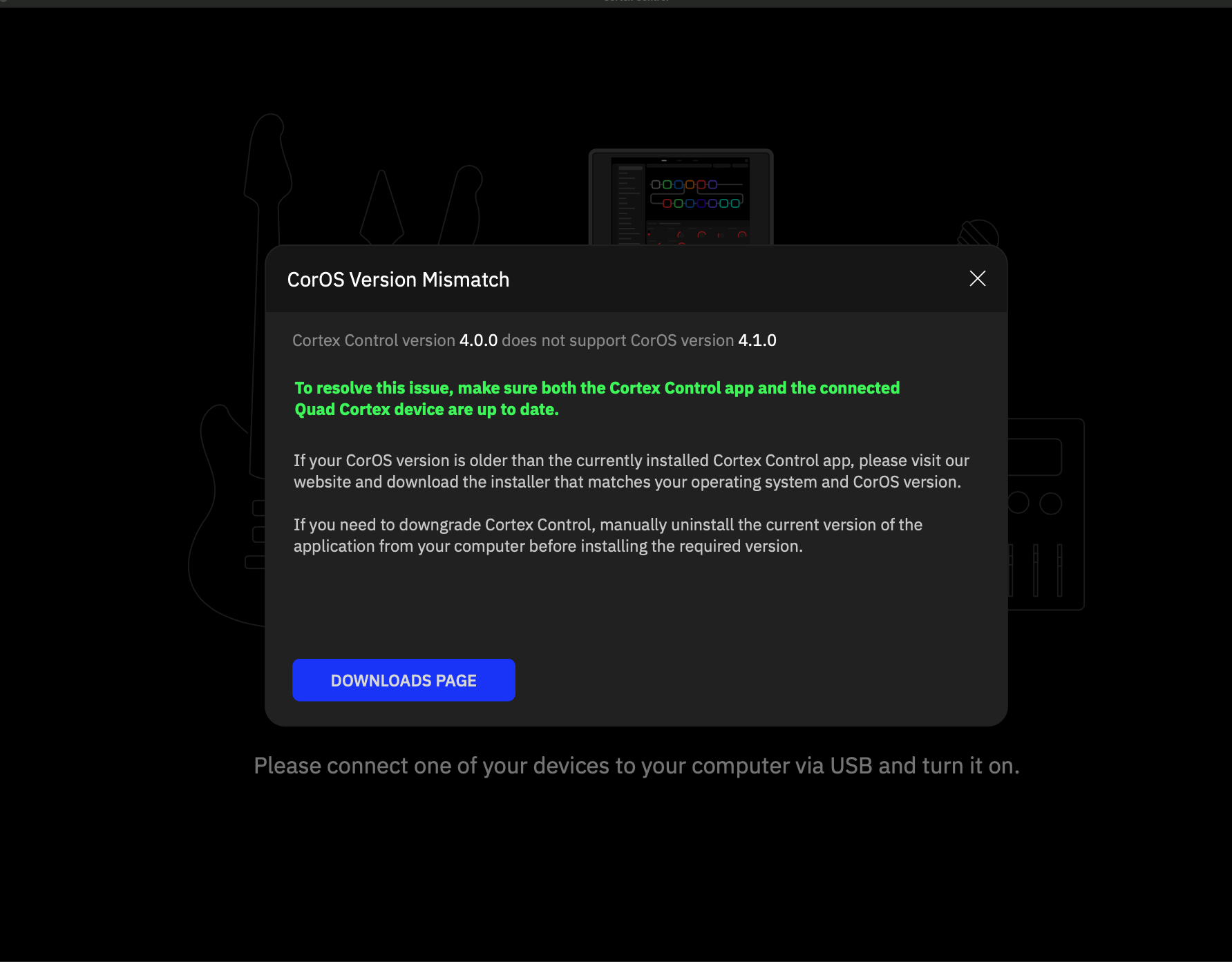 Cortex Control 4.0.0のVersion Mismatch表示。アプリ側の更新が必要（大倉ギター教室）