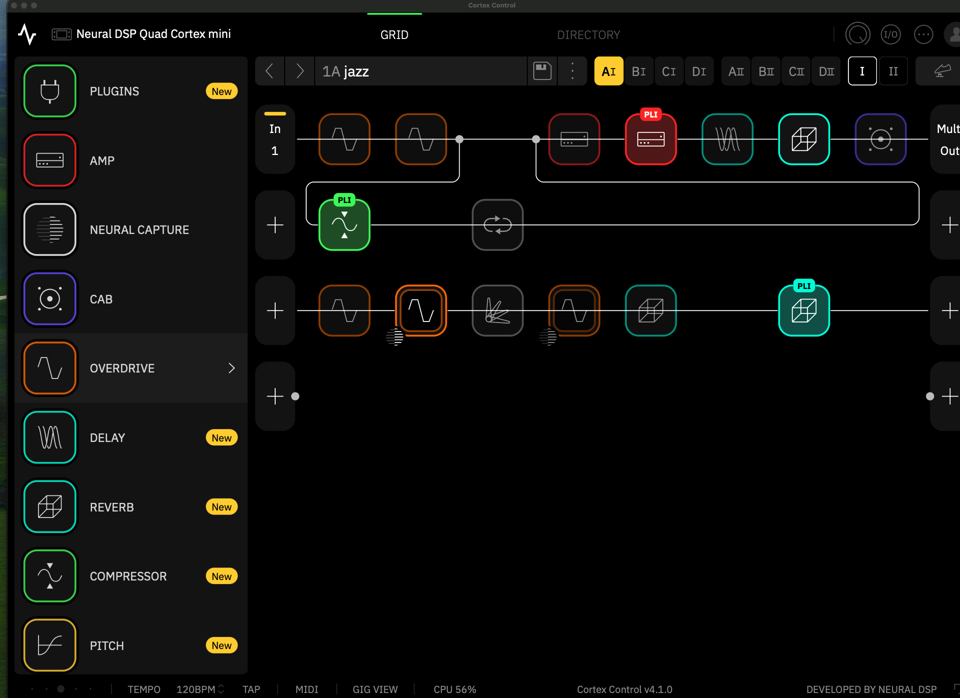 Cortex Control 4.1.0のグリッド画面。新デバイスのNewバッジとCPU 56%表示（大倉ギター教室）